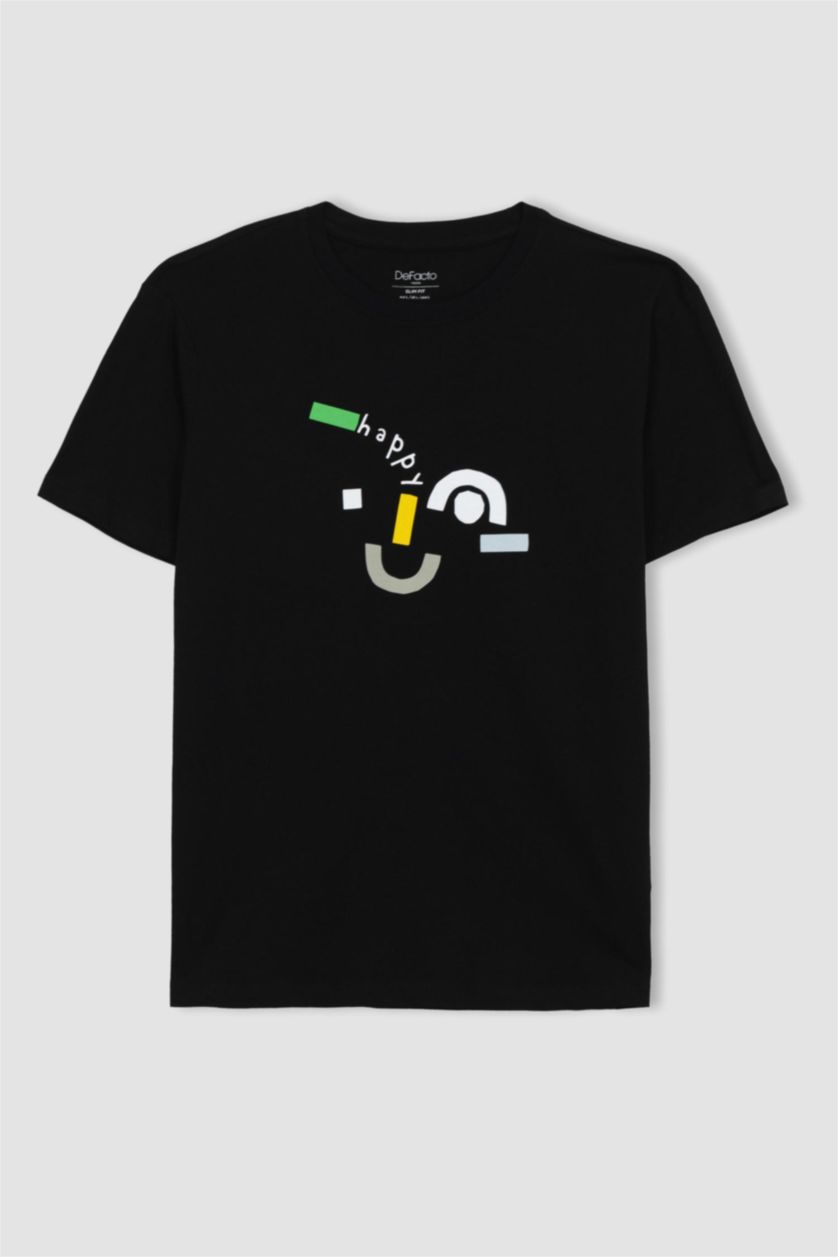 رجال أسود تي شيرت مطبوع قصة ضيقة بياقة مستديرة