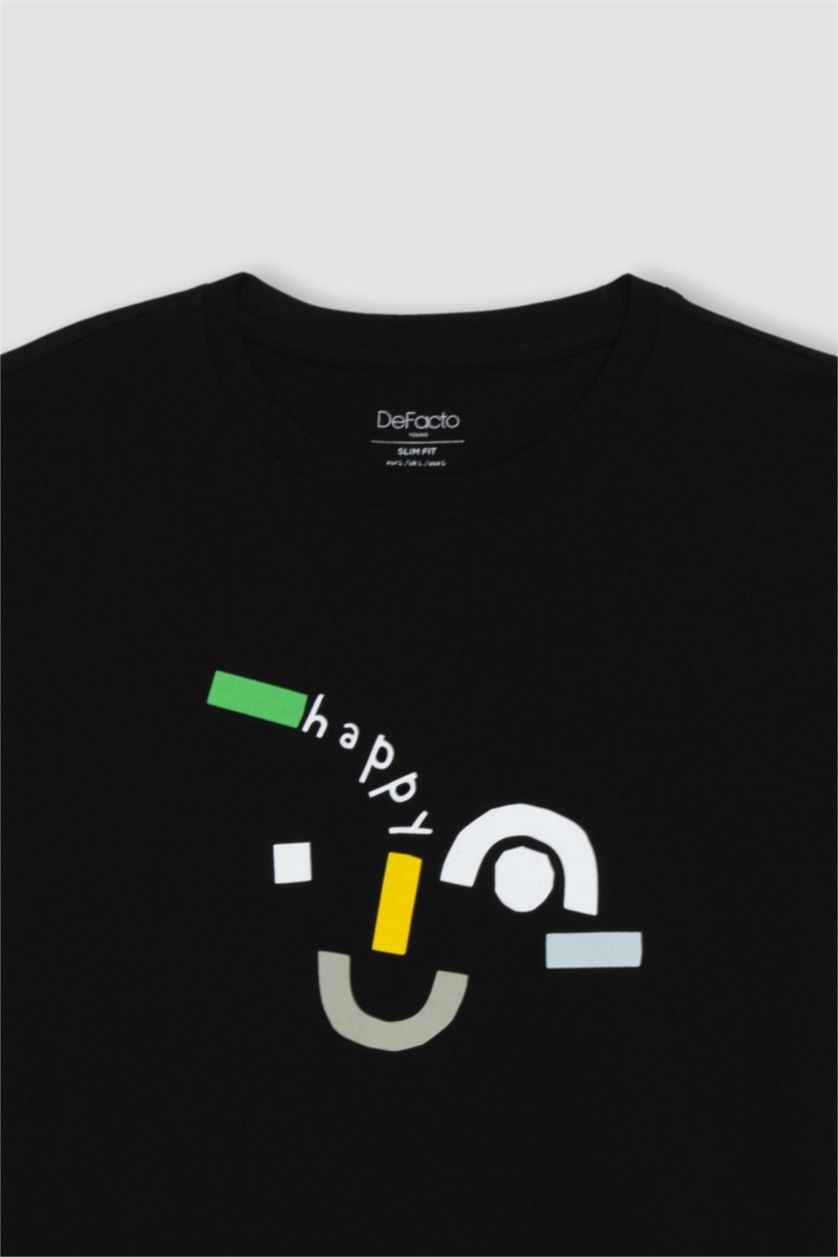 رجال أسود تي شيرت مطبوع قصة ضيقة بياقة مستديرة