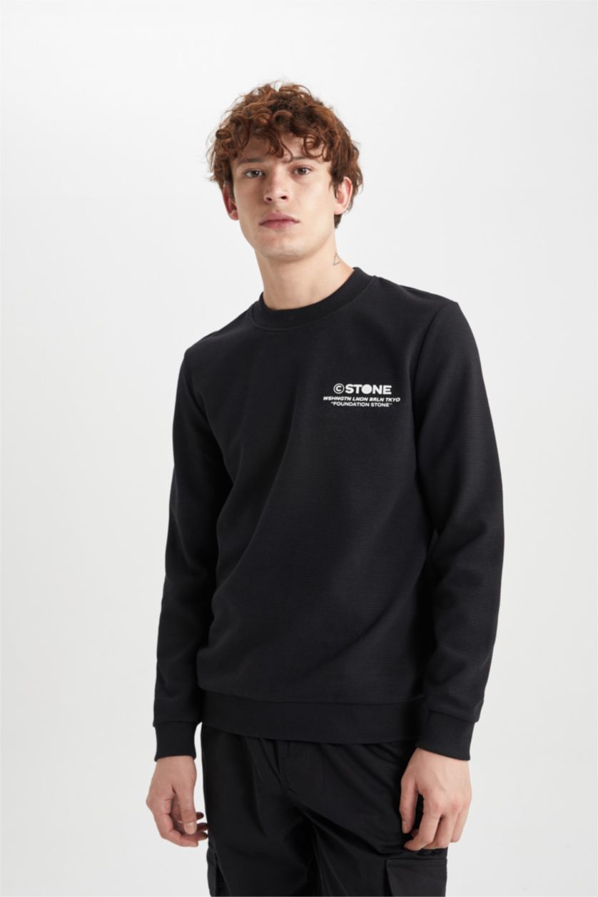 HOMME Noir Sweat-Shirt Coupe Slim À Col Ras Du Cou