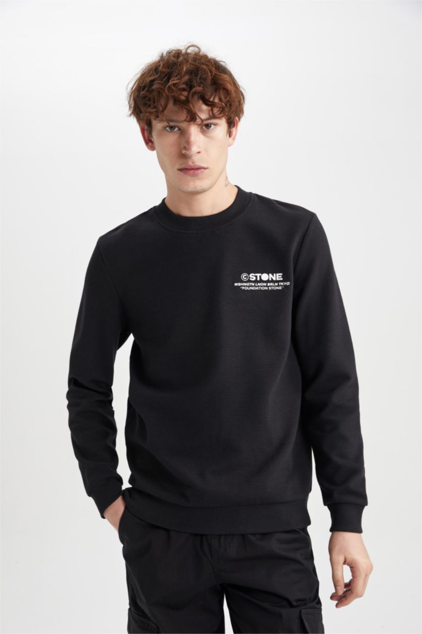 HOMME Noir Sweat-Shirt Coupe Slim À Col Ras Du Cou