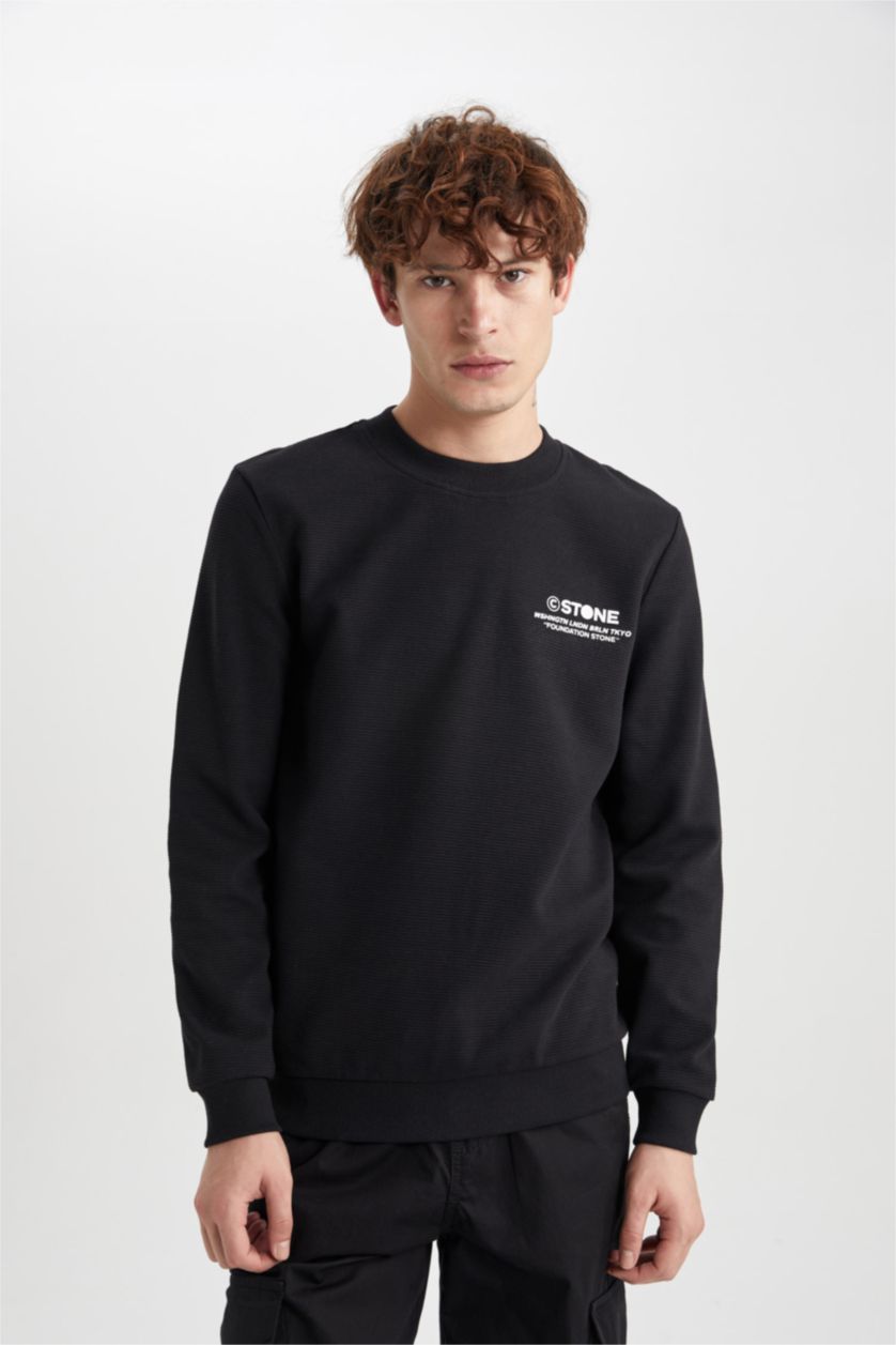 HOMME Noir Sweat-Shirt Coupe Slim À Col Ras Du Cou