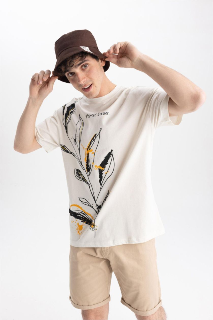 Мужчины Песочный Футболка комфортного кроя с принтом из 100% хлопка