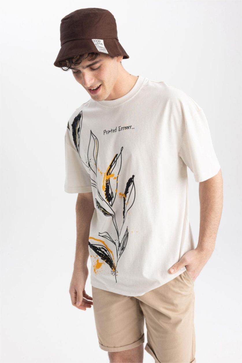 Мужчины Песочный Футболка комфортного кроя с принтом из 100% хлопка