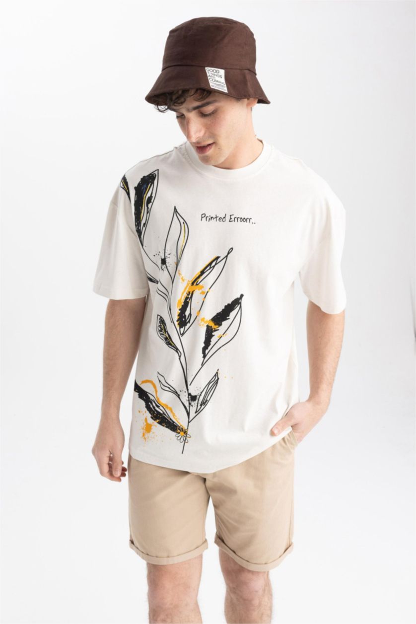 Мужчины Песочный Футболка комфортного кроя с принтом из 100% хлопка