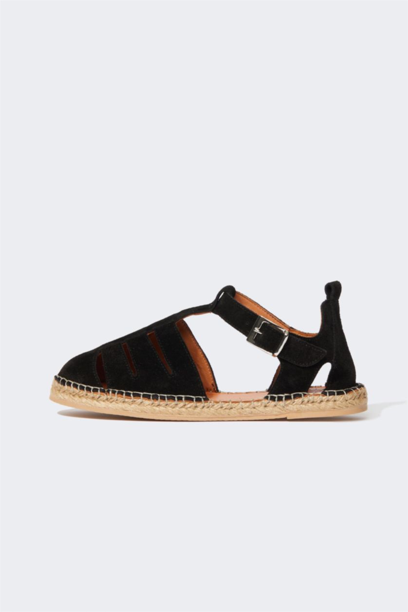 Kadın Siyah Kadın Düz Taban Slip On Deri Süet Espadril