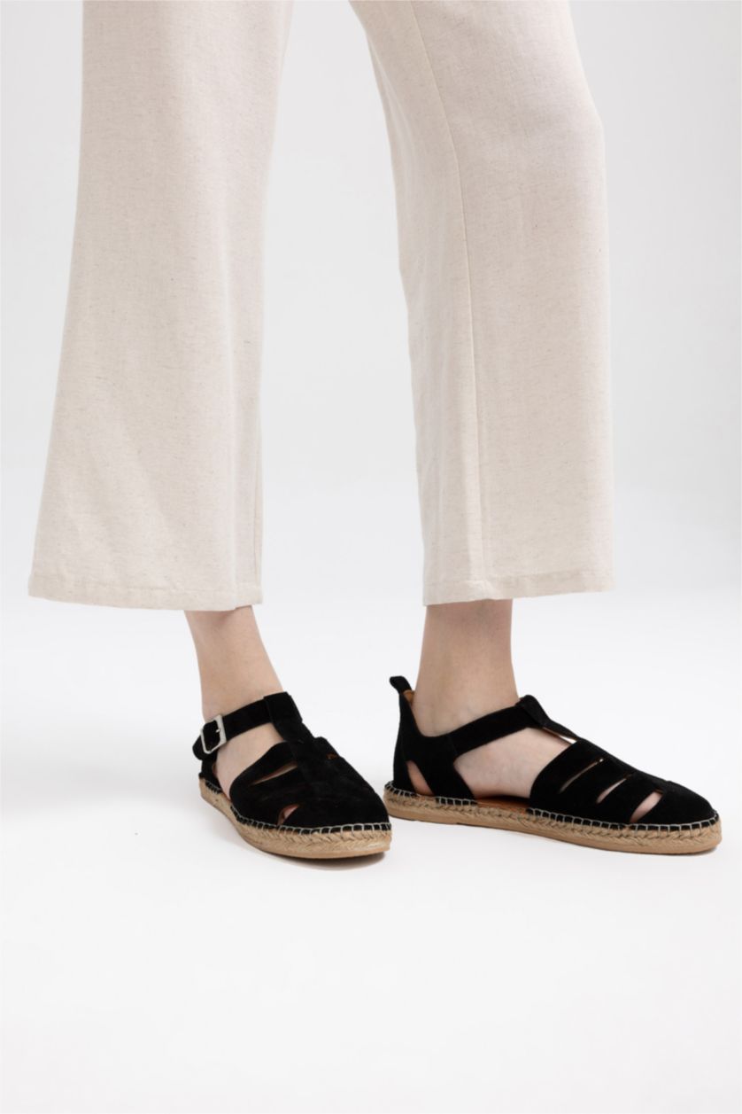 Kadın Siyah Kadın Düz Taban Slip On Deri Süet Espadril