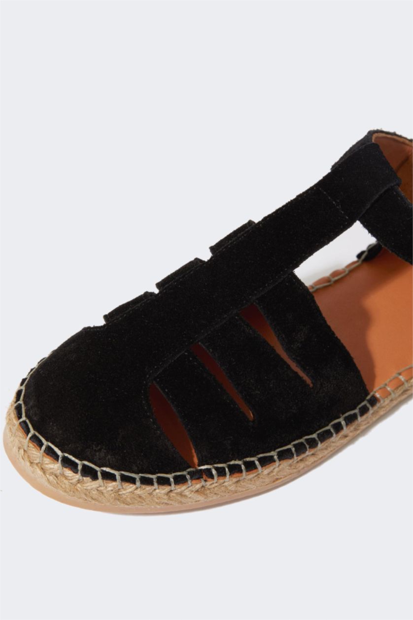 Kadın Siyah Kadın Düz Taban Slip On Deri Süet Espadril