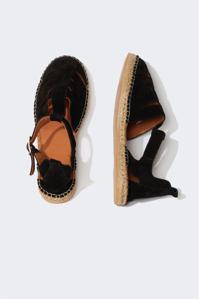 Kadın Siyah Kadın Düz Taban Slip On Deri Süet Espadril