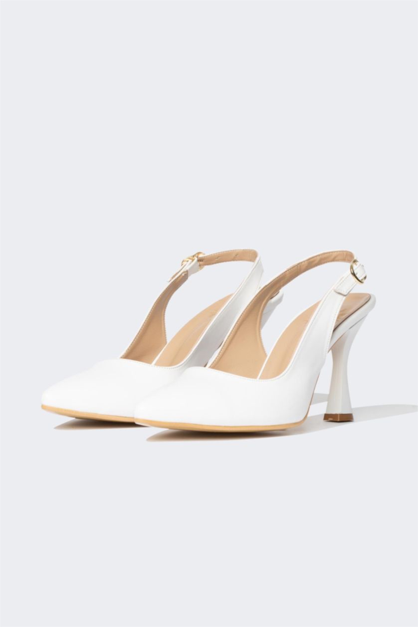 نساء أبيض حذاء كعب عالي نسائي جلد صناعي بكعب سميك بشريط واحد