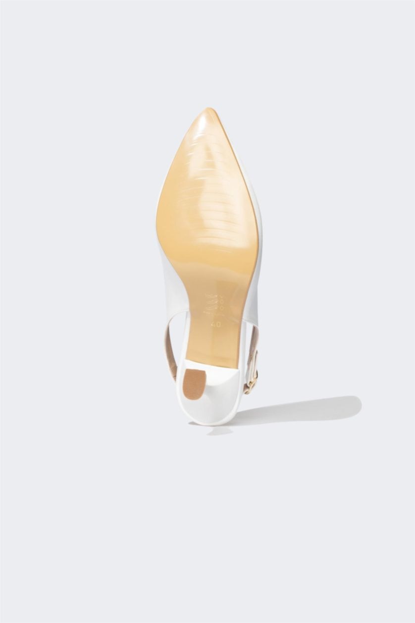 نساء أبيض حذاء كعب عالي نسائي جلد صناعي بكعب سميك بشريط واحد