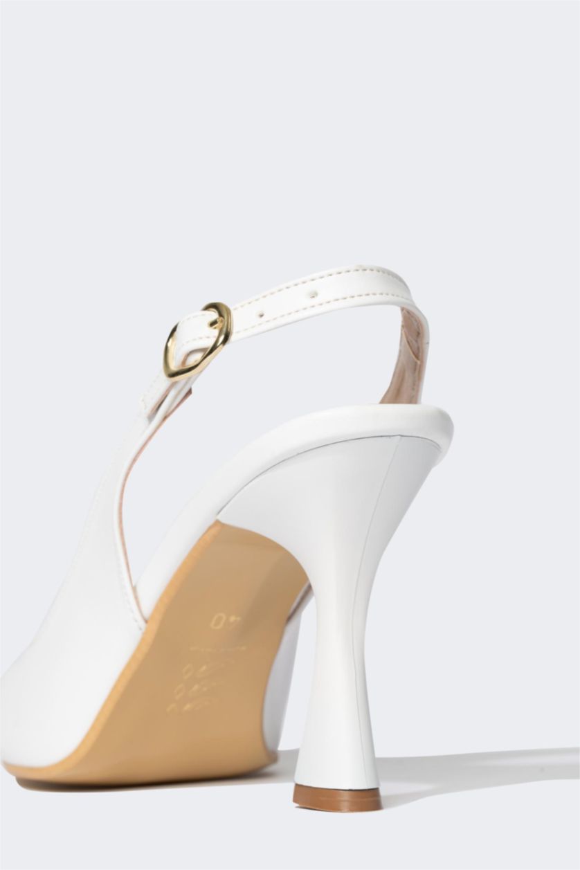 نساء أبيض حذاء كعب عالي نسائي جلد صناعي بكعب سميك بشريط واحد