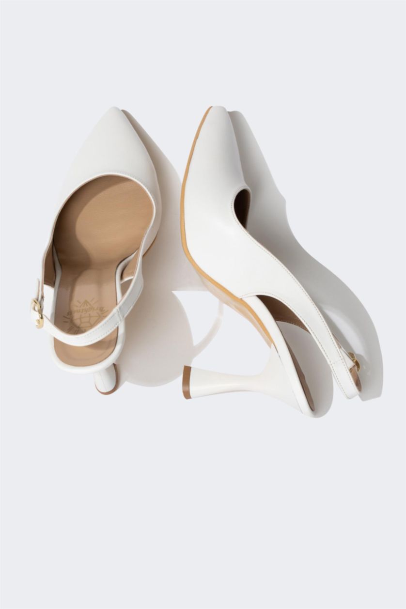 نساء أبيض حذاء كعب عالي نسائي جلد صناعي بكعب سميك بشريط واحد