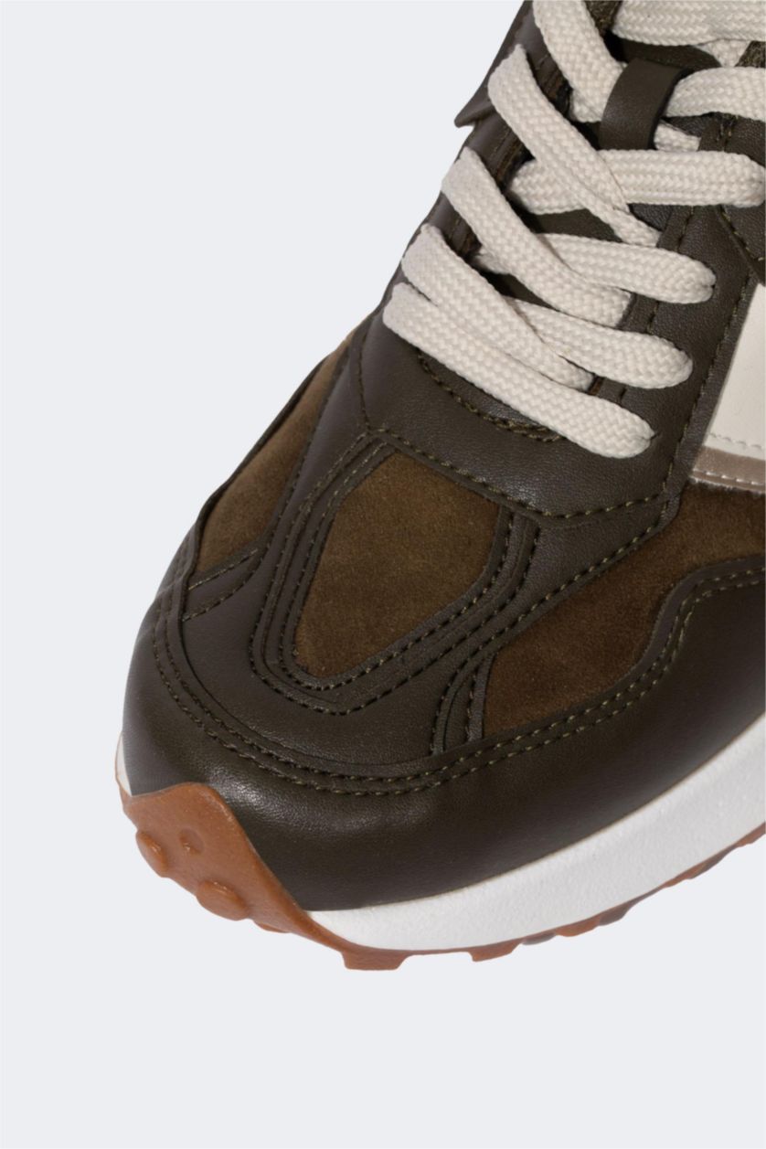 Woman Khaki Women Harley Quinn Ribbed Sole Lace-up Suede Look Sneaker