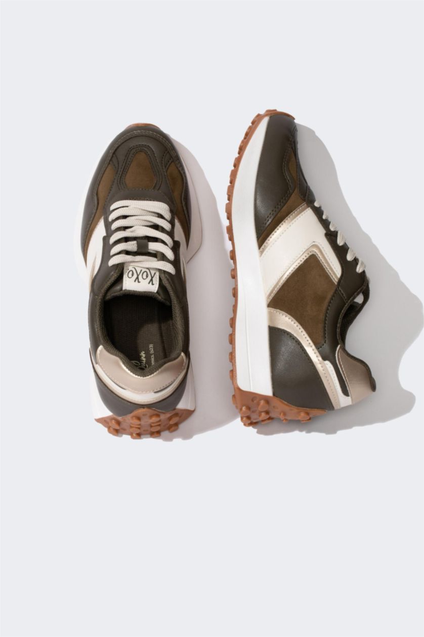 Woman Khaki Women Harley Quinn Ribbed Sole Lace-up Suede Look Sneaker