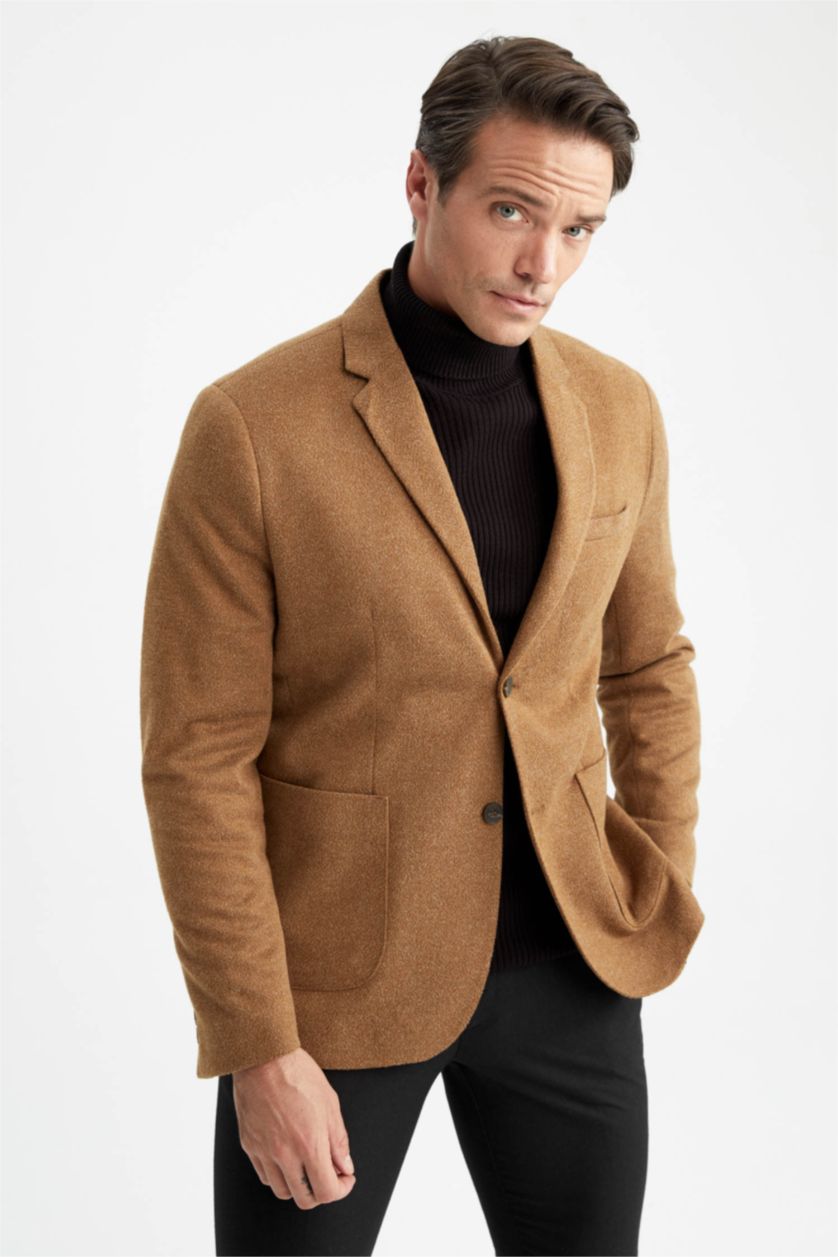 Erkek Camel Slim Fit Astarlı Blazer Ceket
