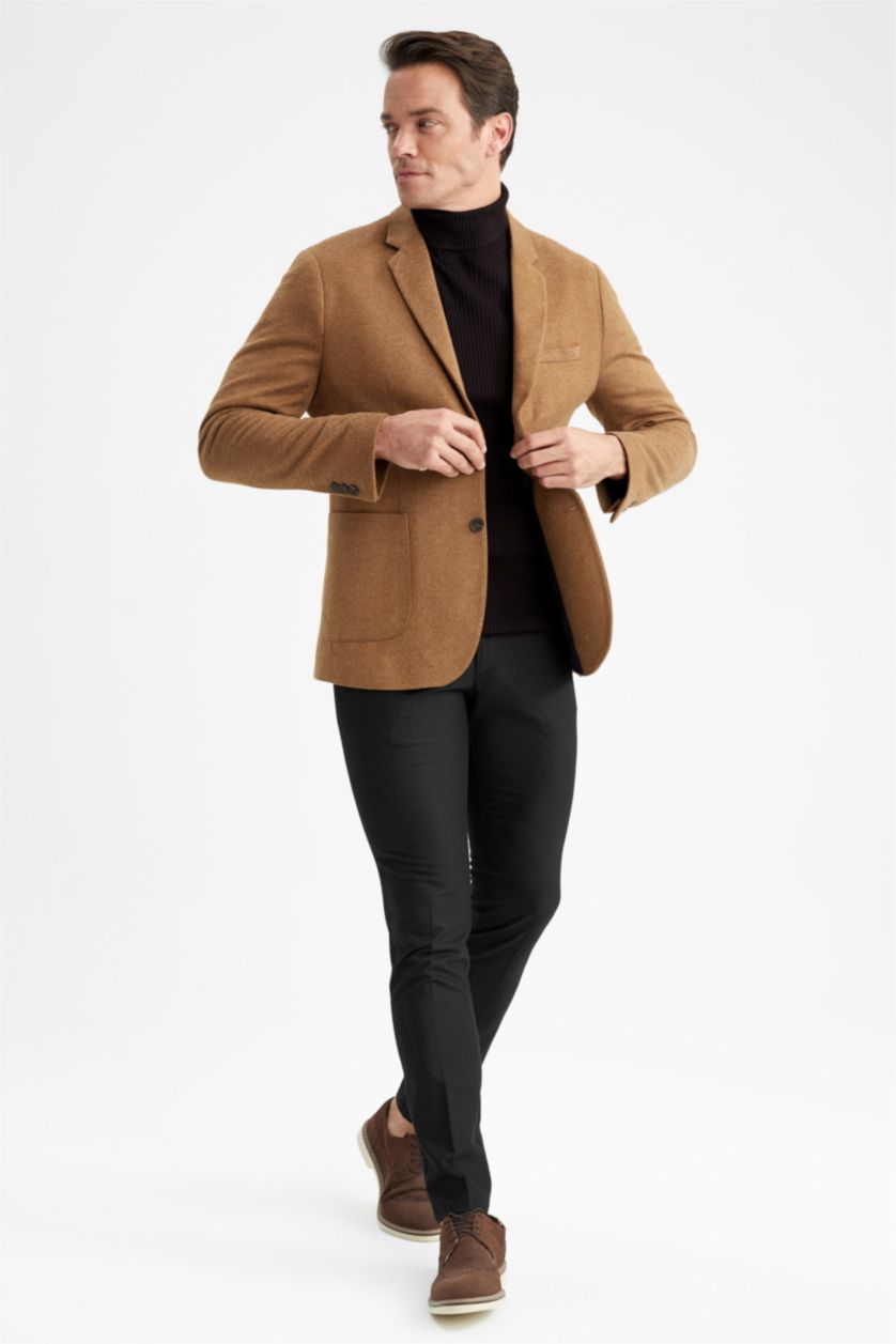 Erkek Camel Slim Fit Astarlı Blazer Ceket