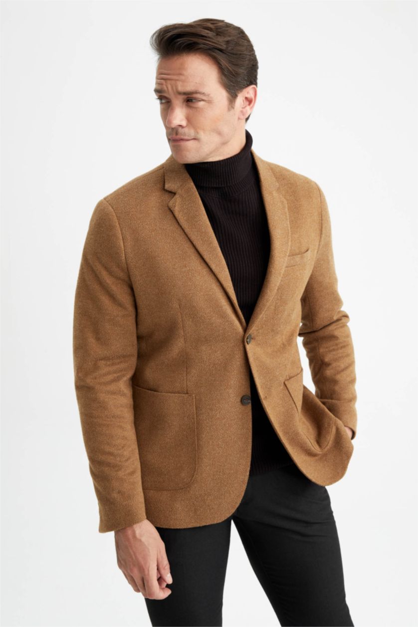 Erkek Camel Slim Fit Astarlı Blazer Ceket