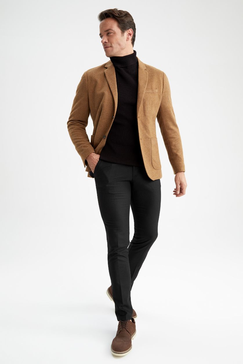 Erkek Camel Slim Fit Astarlı Blazer Ceket