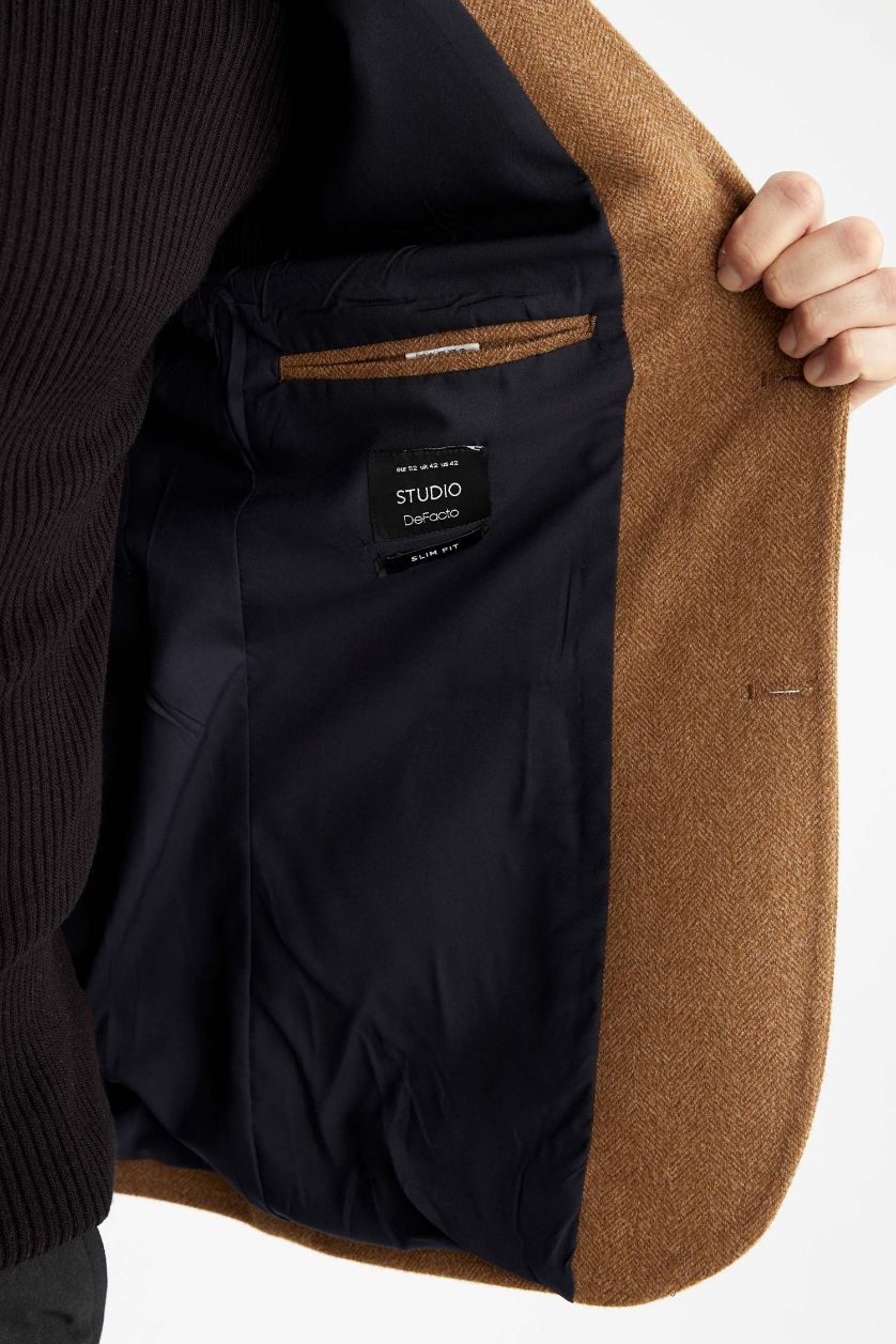 Erkek Camel Slim Fit Astarlı Blazer Ceket