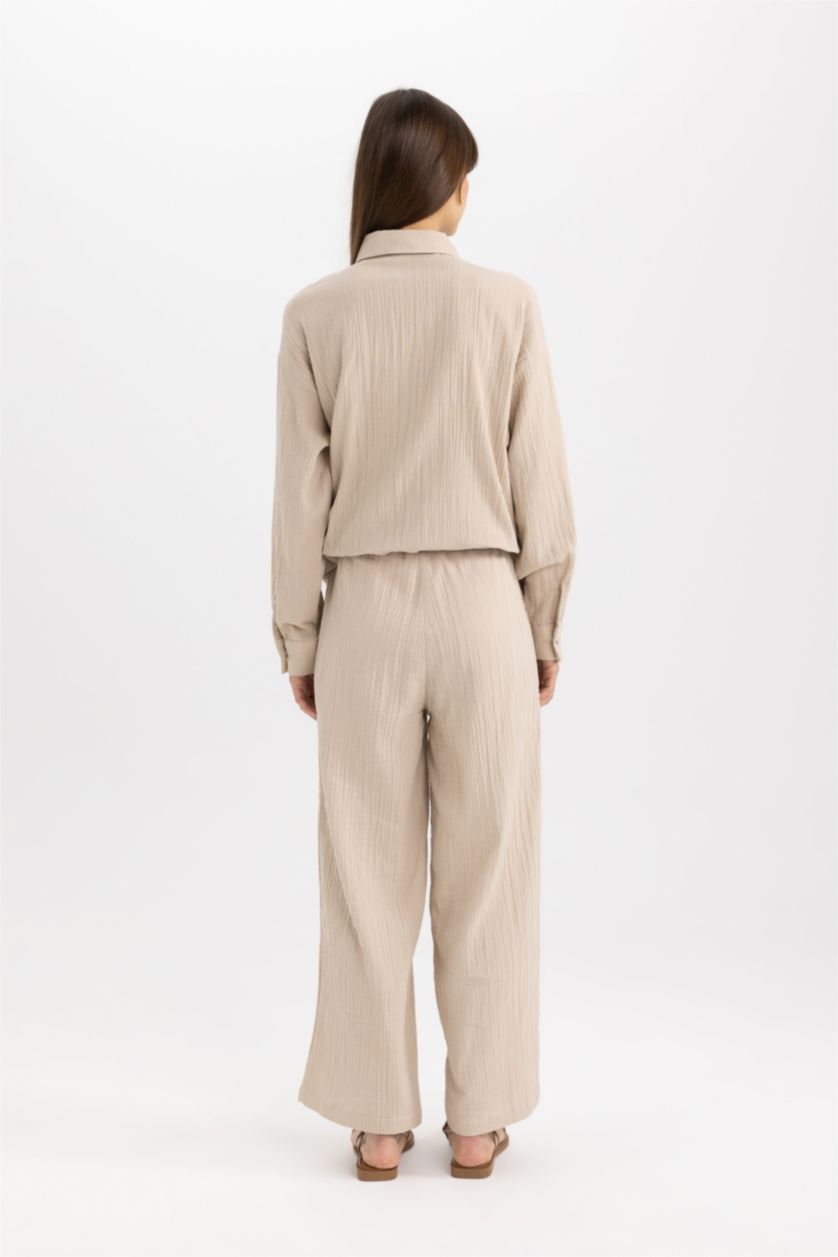 حريمي اللون الرملي بنطلون موسلين وايد ليج برجل واسع