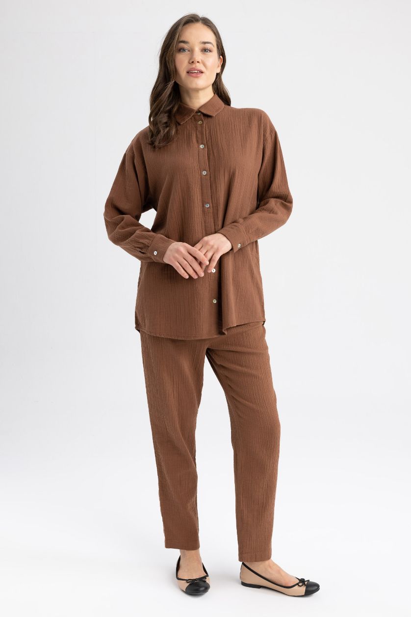 حريمي بني بنطلون واسع بيزك برباط على الخصر