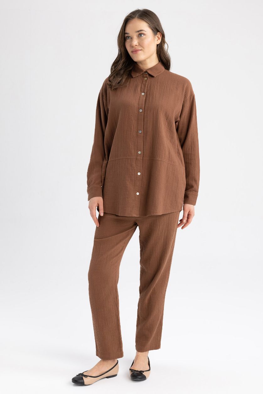 حريمي بني بنطلون واسع بيزك برباط على الخصر