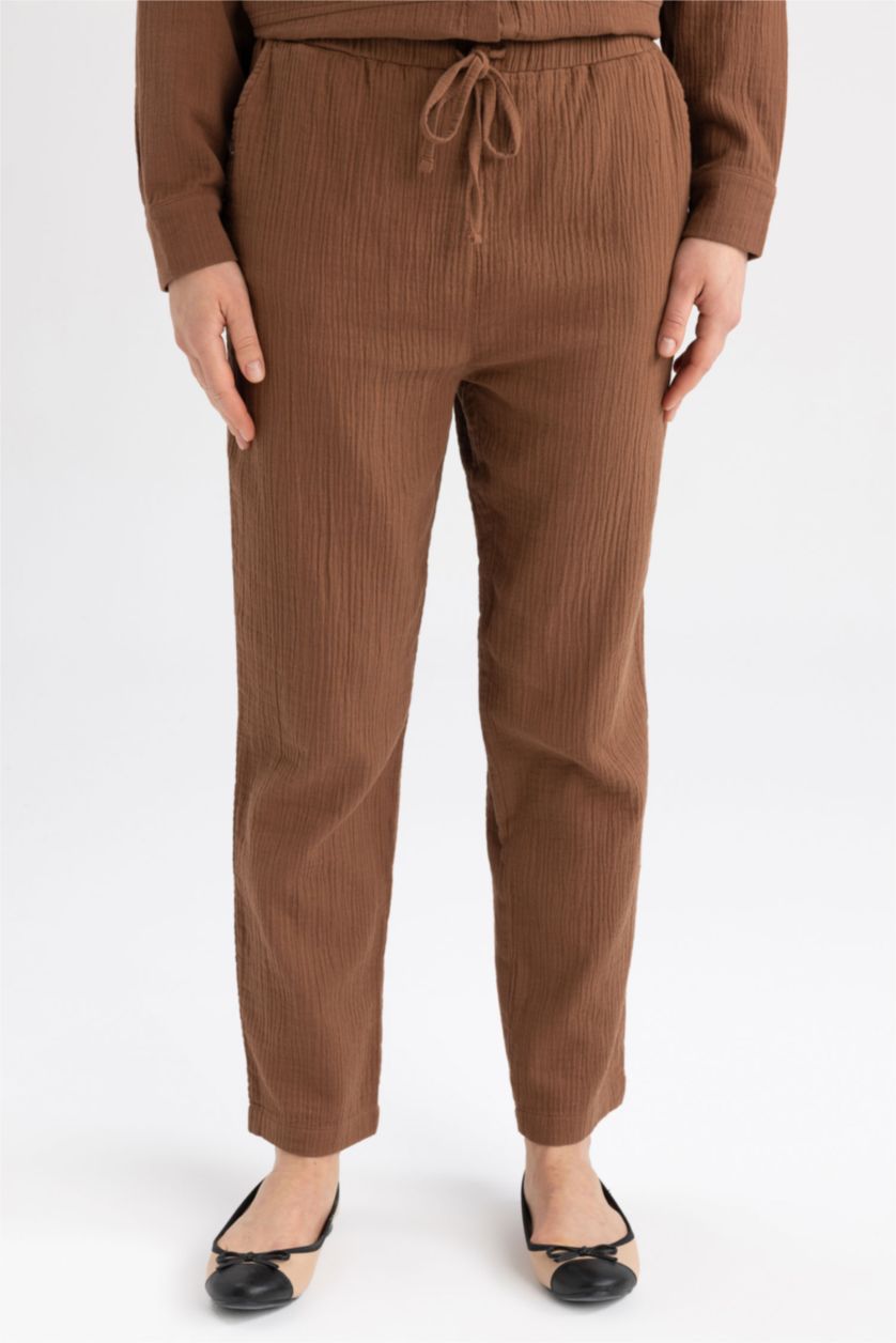 حريمي بني بنطلون واسع بيزك برباط على الخصر