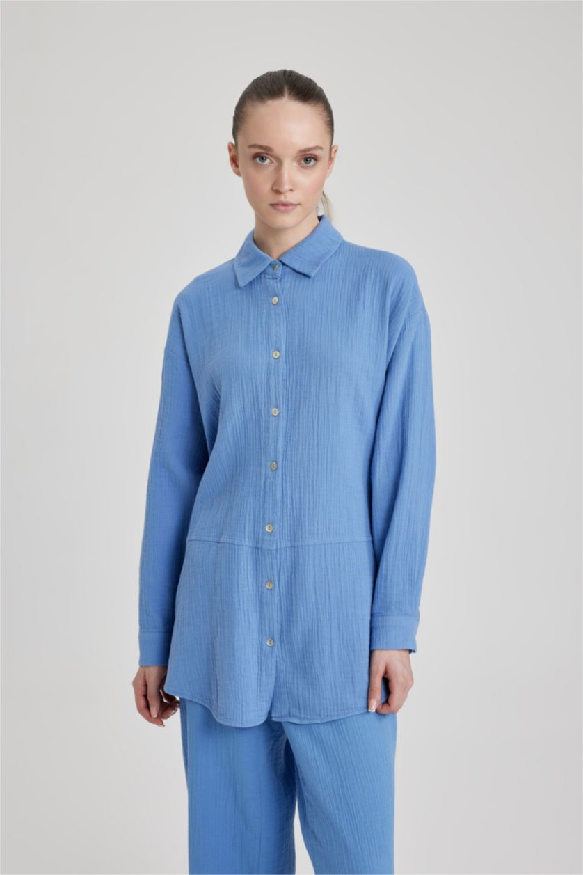 FEMME Bleu Tunique À Manches Longues Mousseline Coupe Régulière Col De Chemise