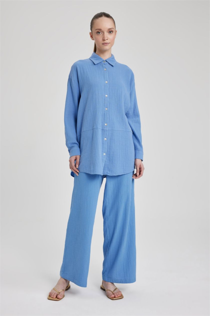 FEMME Bleu Tunique À Manches Longues Mousseline Coupe Régulière Col De Chemise