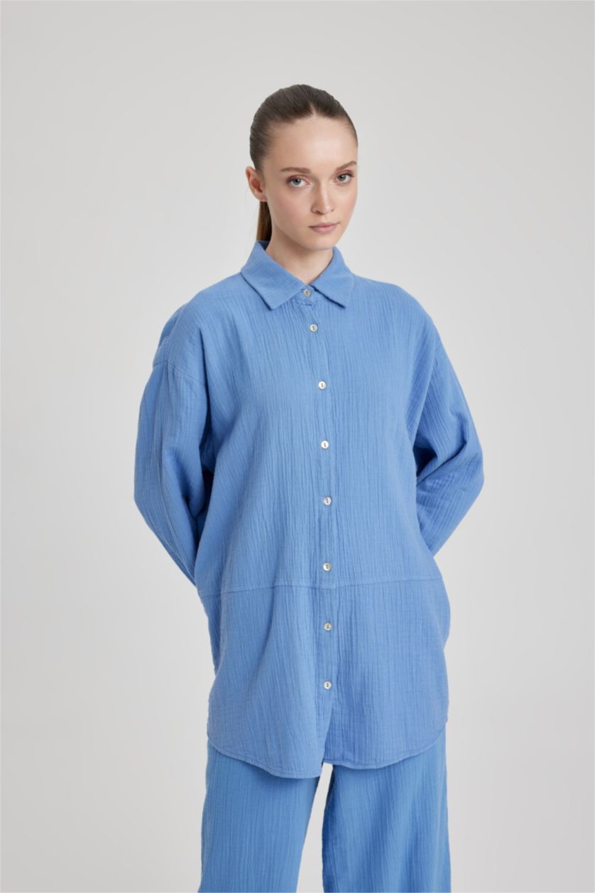 FEMME Bleu Tunique À Manches Longues Mousseline Coupe Régulière Col De Chemise