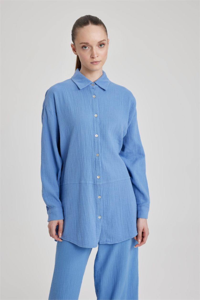 FEMME Bleu Tunique À Manches Longues Mousseline Coupe Régulière Col De Chemise