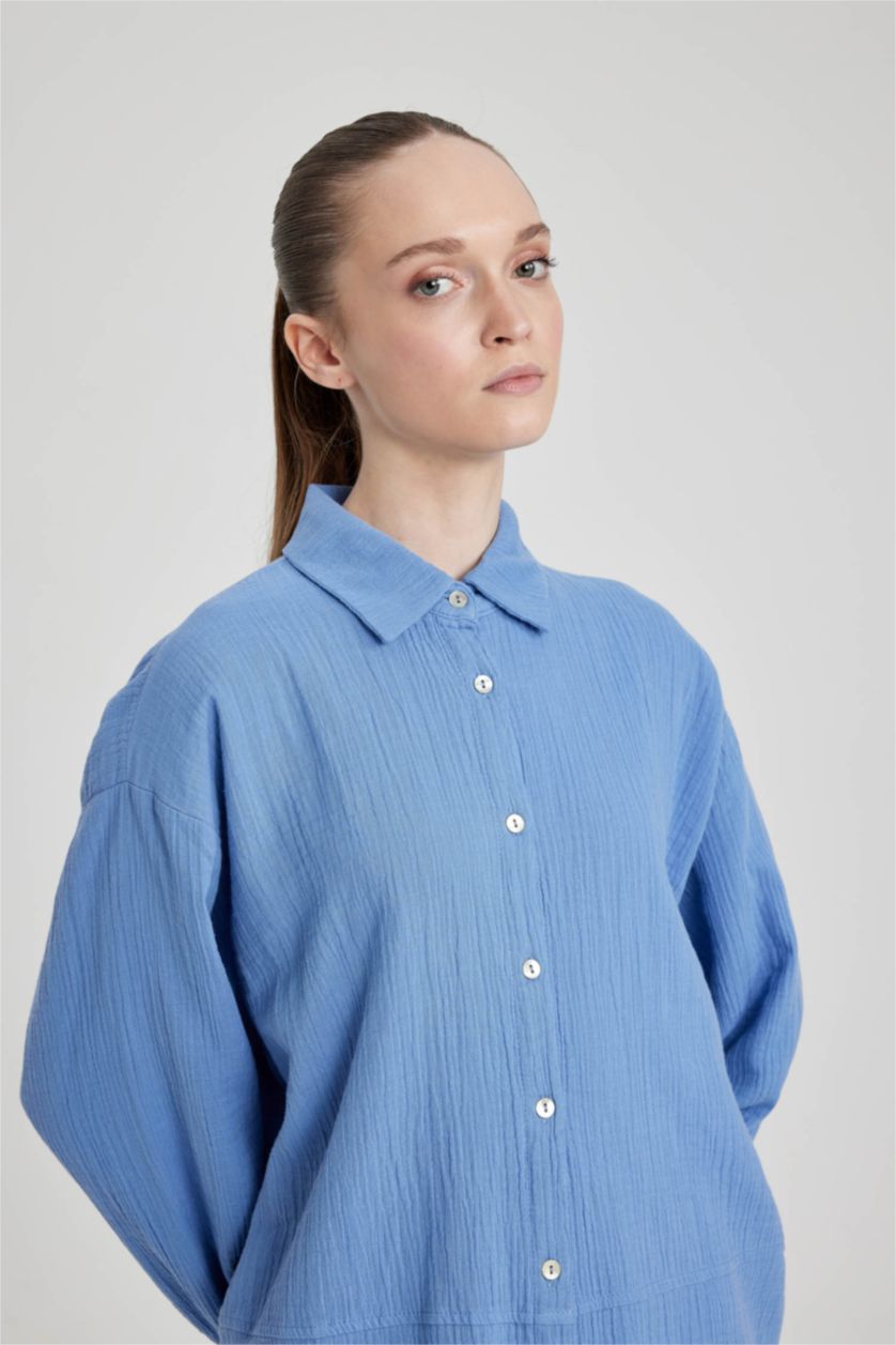 FEMME Bleu Tunique À Manches Longues Mousseline Coupe Régulière Col De Chemise