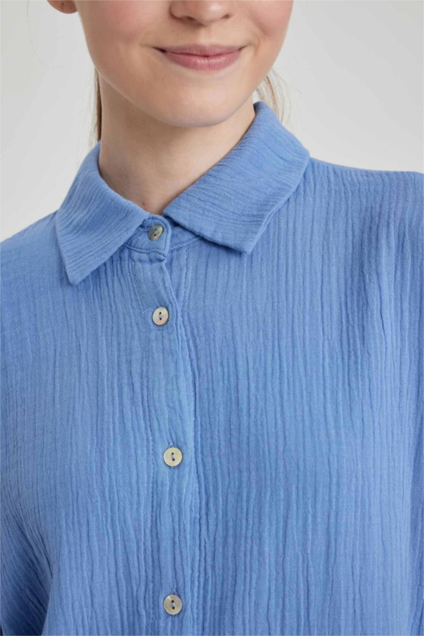 FEMME Bleu Tunique À Manches Longues Mousseline Coupe Régulière Col De Chemise