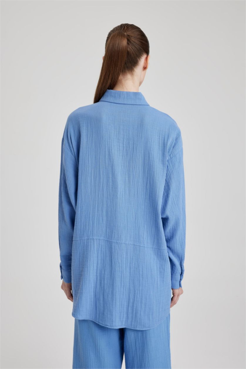 FEMME Bleu Tunique À Manches Longues Mousseline Coupe Régulière Col De Chemise