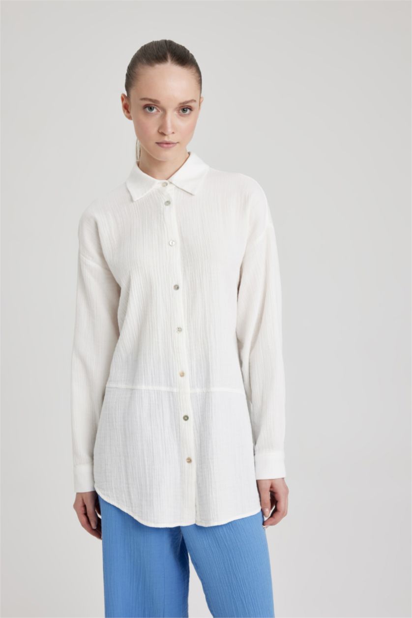 WOMAN White Regular Fit Muslin Shirt Collar Long Sleeve Tunic