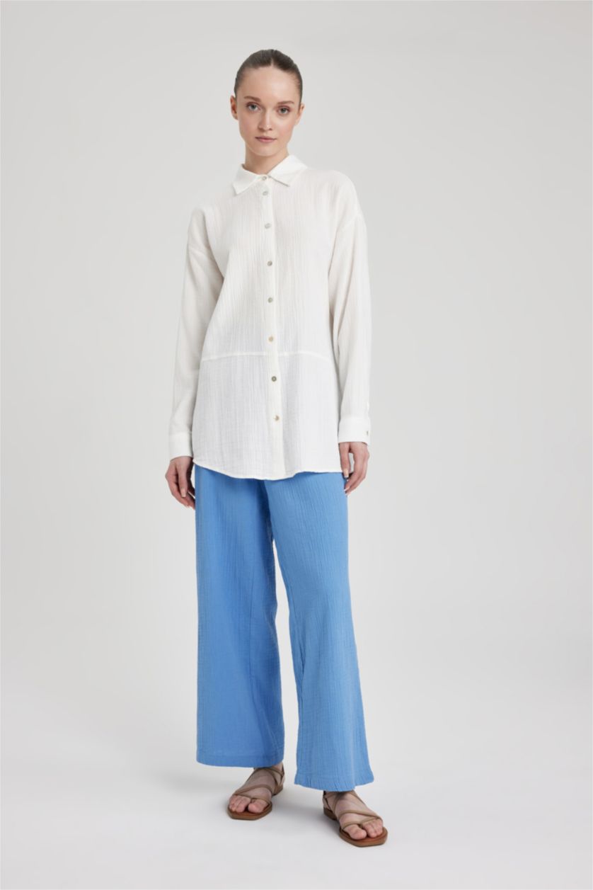 WOMAN White Regular Fit Muslin Shirt Collar Long Sleeve Tunic