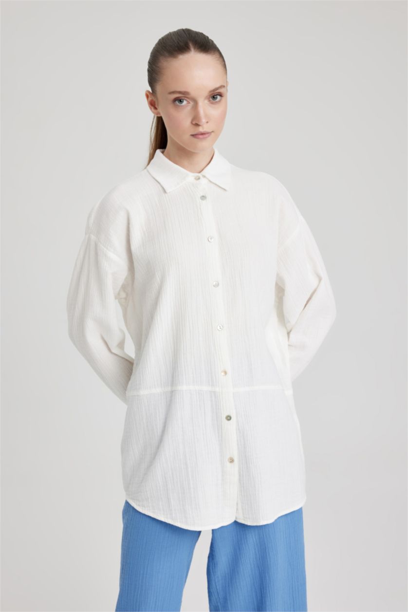 WOMAN White Regular Fit Muslin Shirt Collar Long Sleeve Tunic