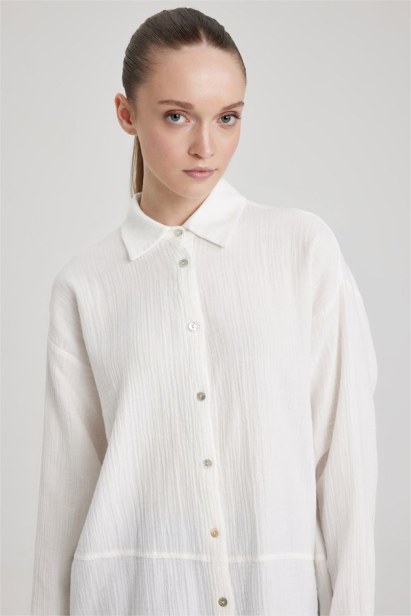 WOMAN White Regular Fit Muslin Shirt Collar Long Sleeve Tunic