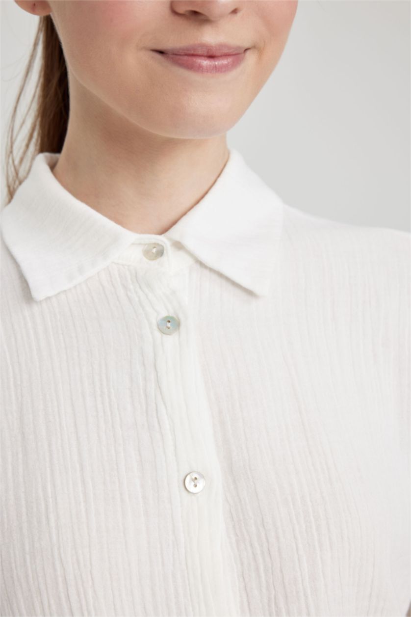 WOMAN White Regular Fit Muslin Shirt Collar Long Sleeve Tunic