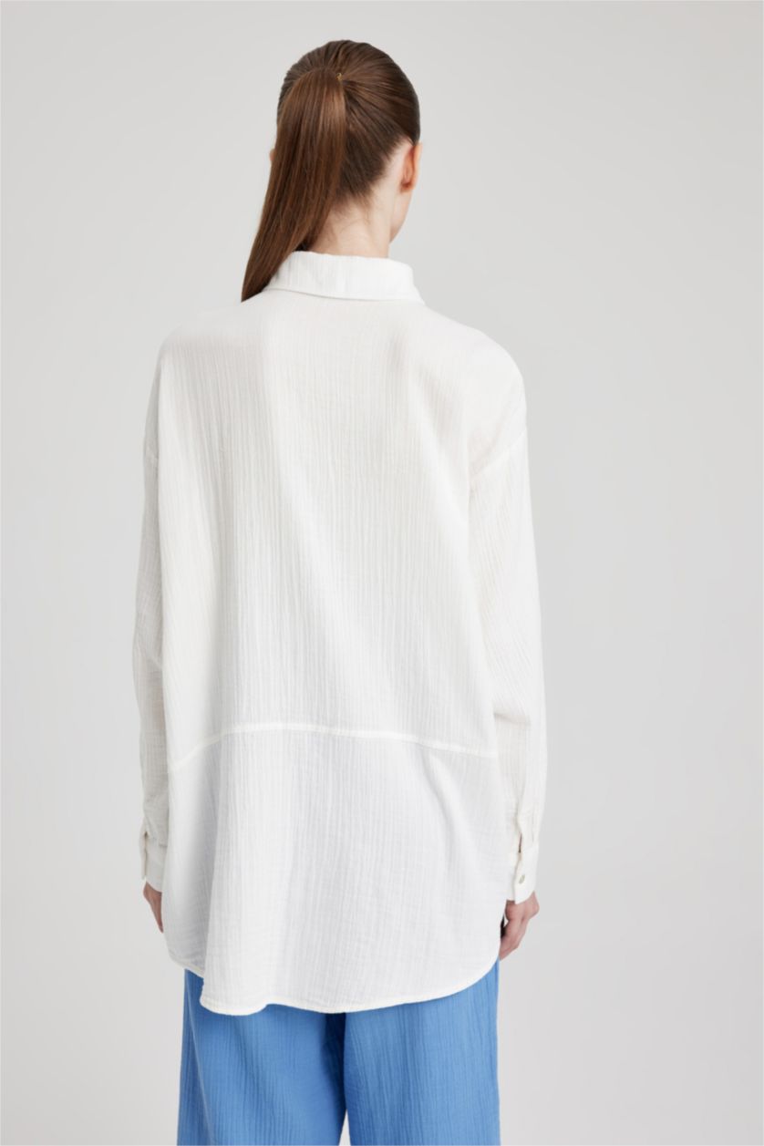 WOMAN White Regular Fit Muslin Shirt Collar Long Sleeve Tunic