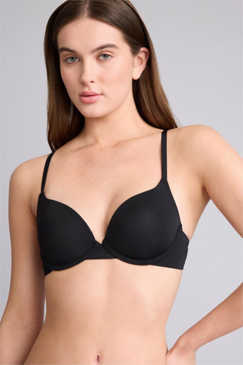 Kadın Siyah Push Up Micro Kaplı Yarım Dolgulu Balenli Tişört Bra