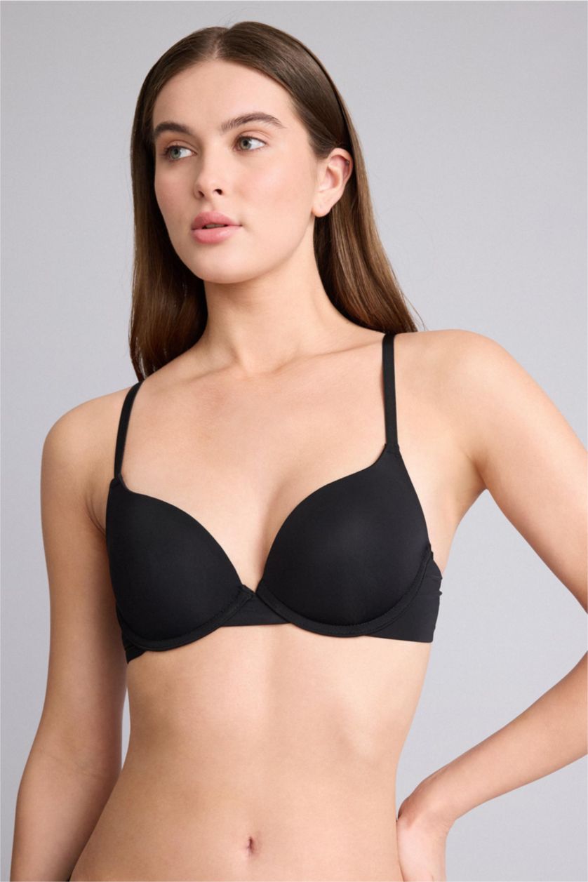 Kadın Siyah Push Up Micro Kaplı Yarım Dolgulu Balenli Tişört Bra