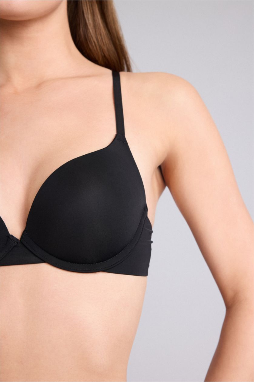 Kadın Siyah Push Up Micro Kaplı Yarım Dolgulu Balenli Tişört Bra