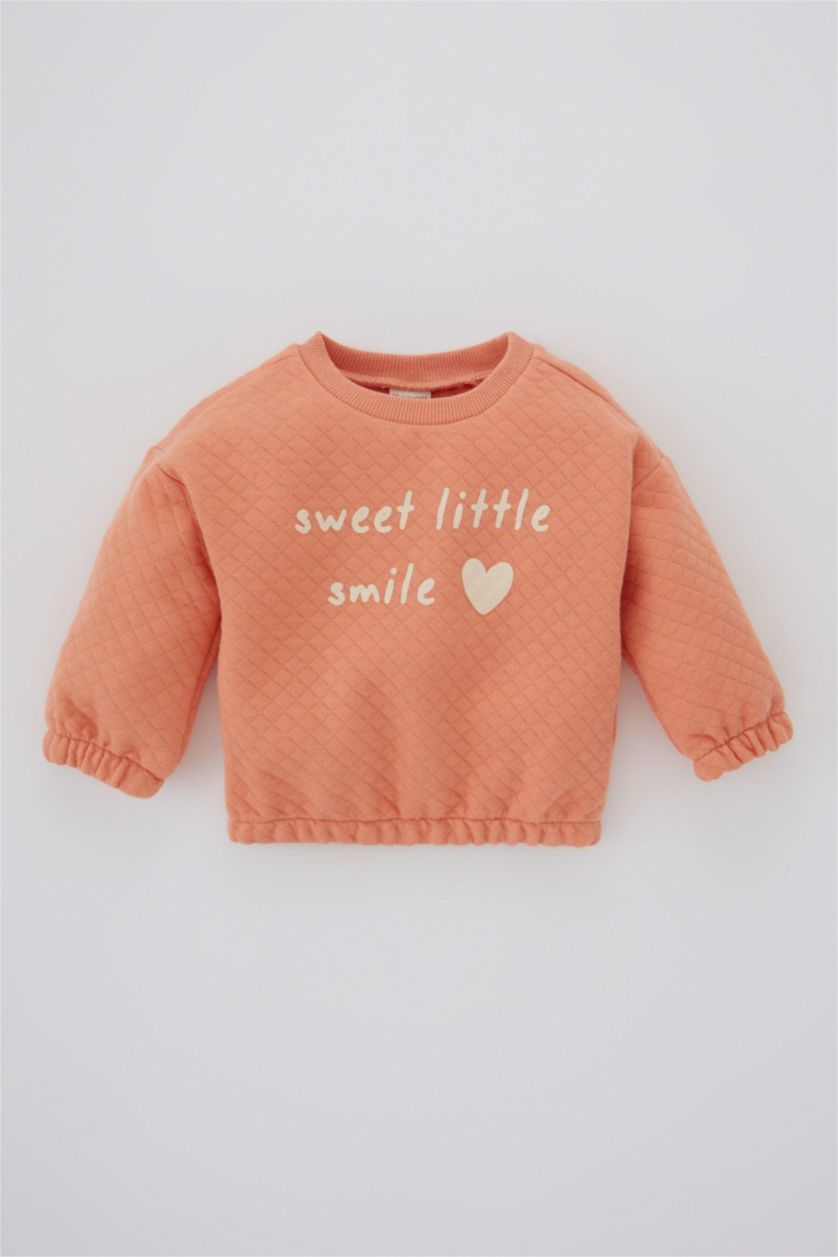 Kız Bebek Somon Kız Bebek Baskılı Bisiklet Yaka Sweatshirt