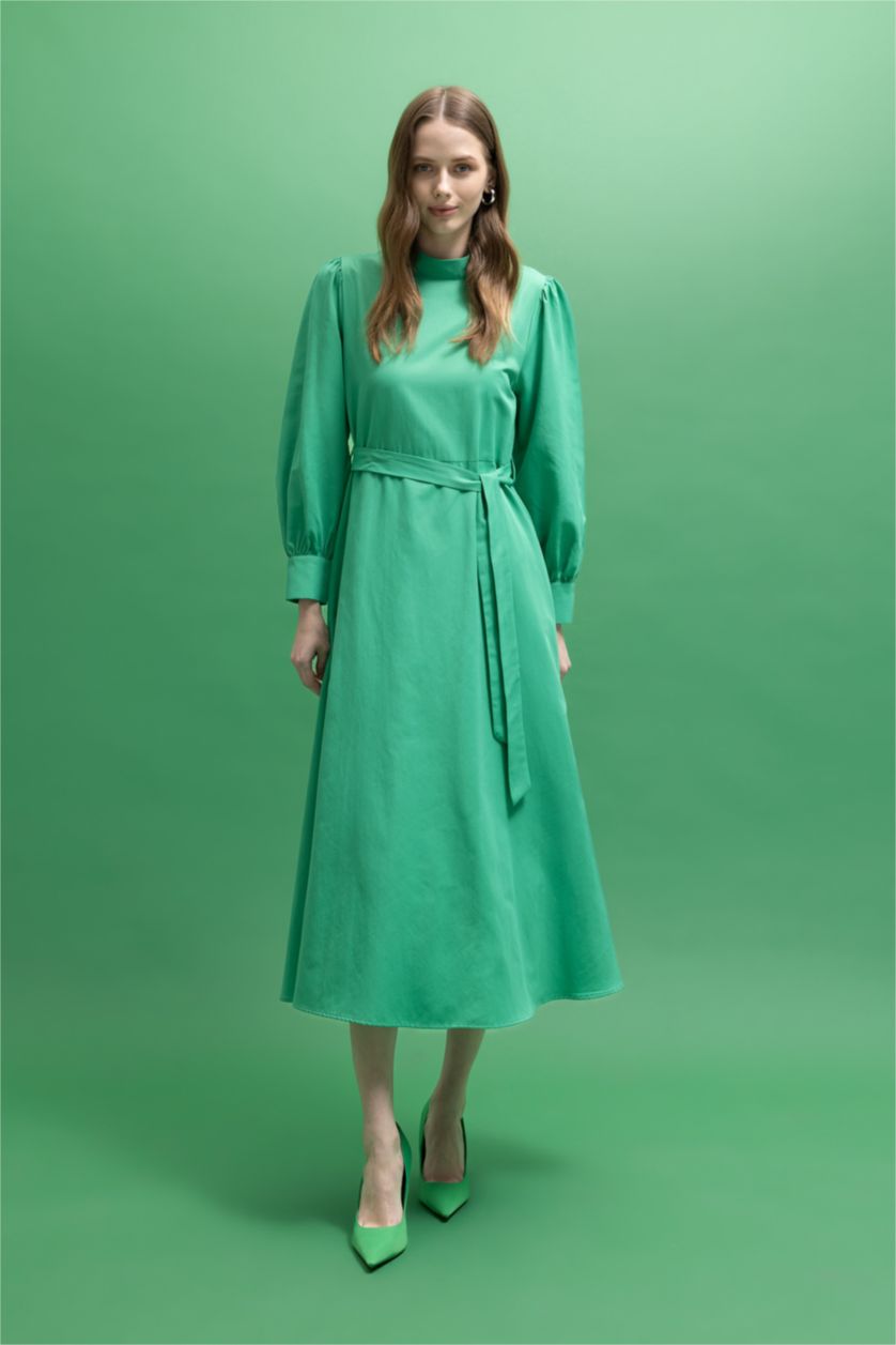 WOMAN Green A-Line Half Turtleneck Poplin Long Sleeve Dress