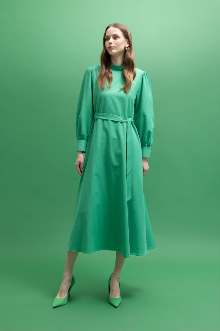 WOMAN Green A-Line Half Turtleneck Poplin Long Sleeve Dress