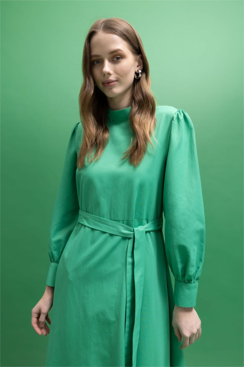 WOMAN Green A-Line Half Turtleneck Poplin Long Sleeve Dress