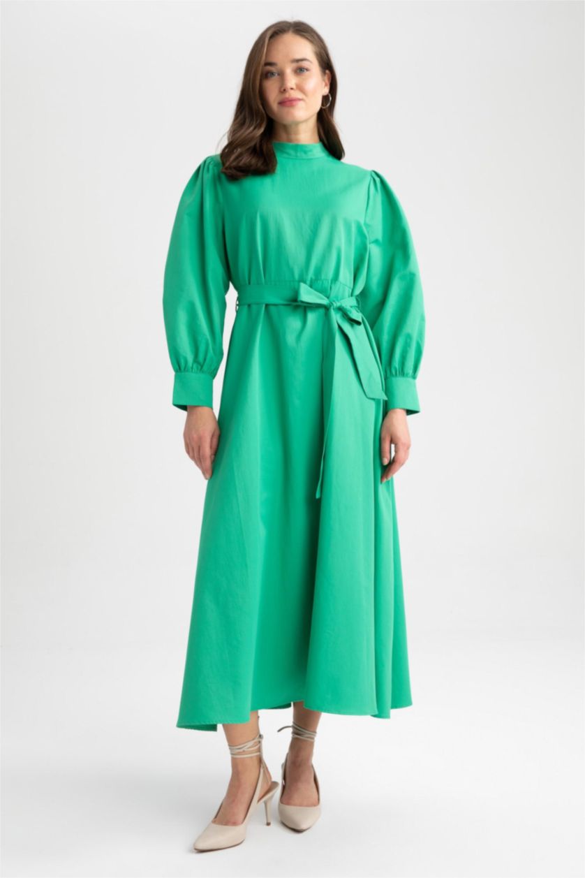 WOMAN Green A-Line Half Turtleneck Poplin Long Sleeve Dress