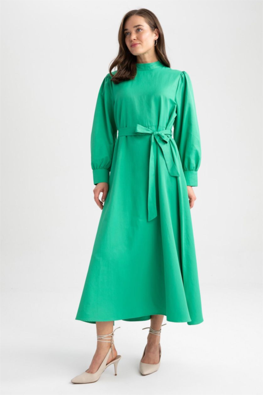WOMAN Green A-Line Half Turtleneck Poplin Long Sleeve Dress