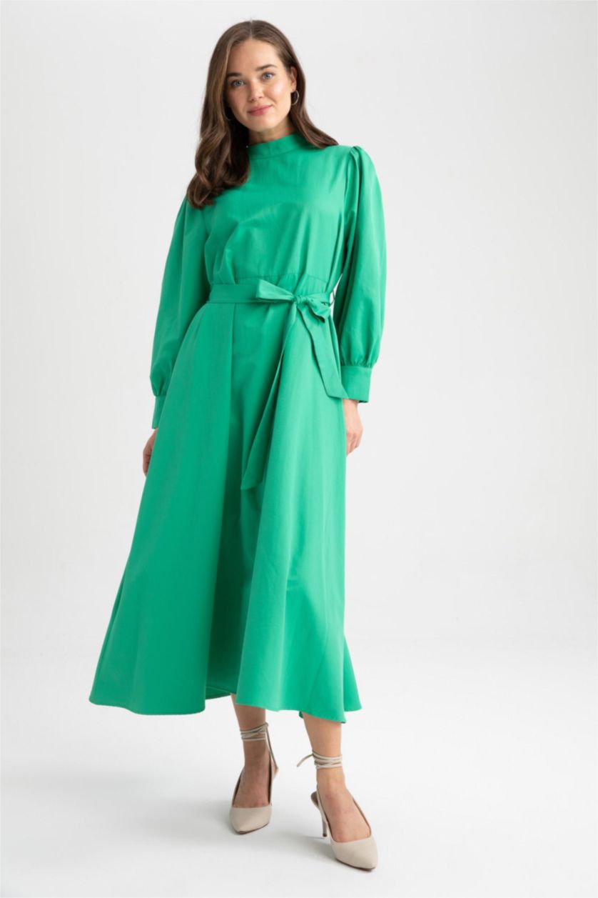 WOMAN Green A-Line Half Turtleneck Poplin Long Sleeve Dress